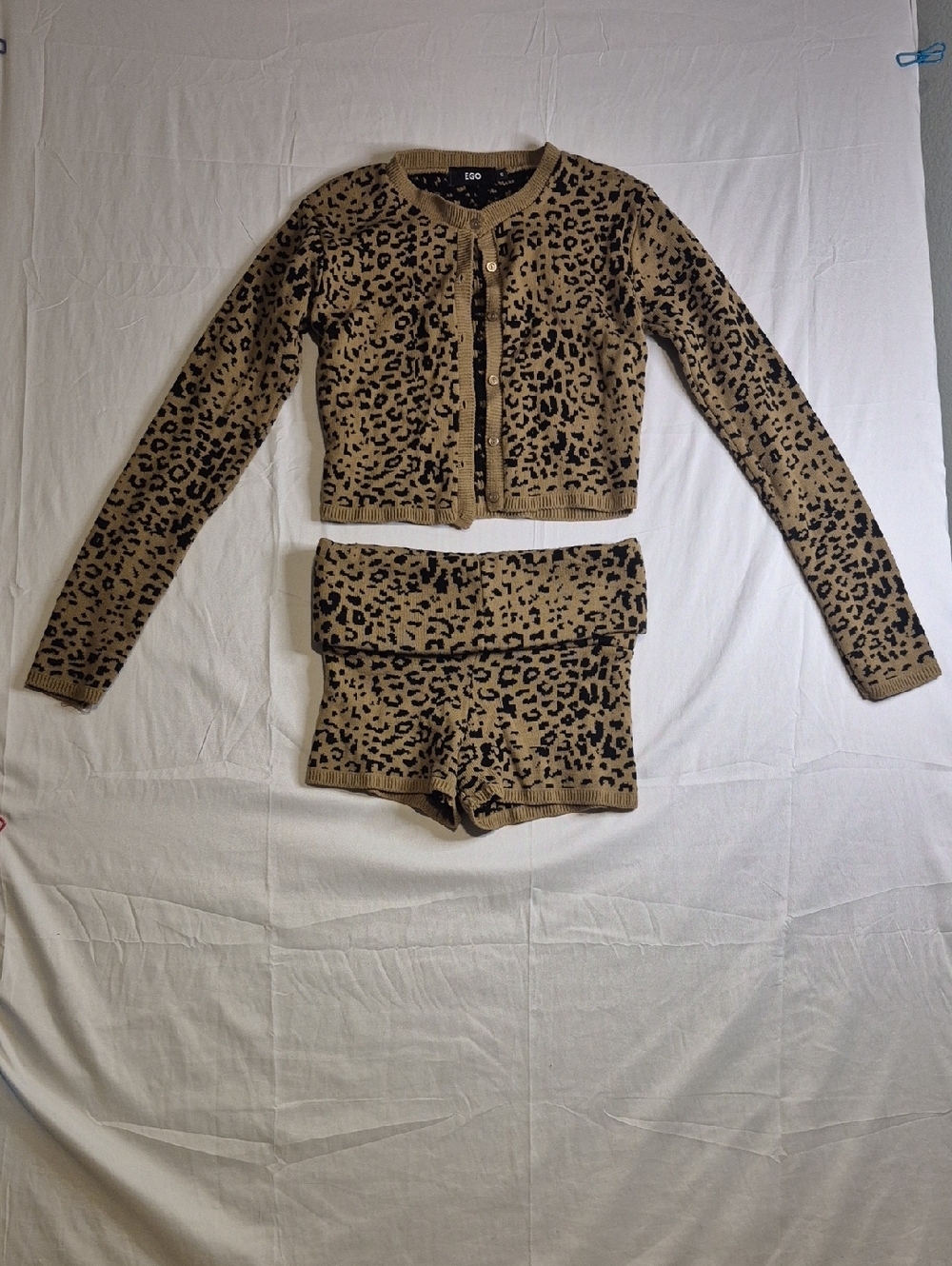 Leopard Print Knit Cardigan & Shorts Set